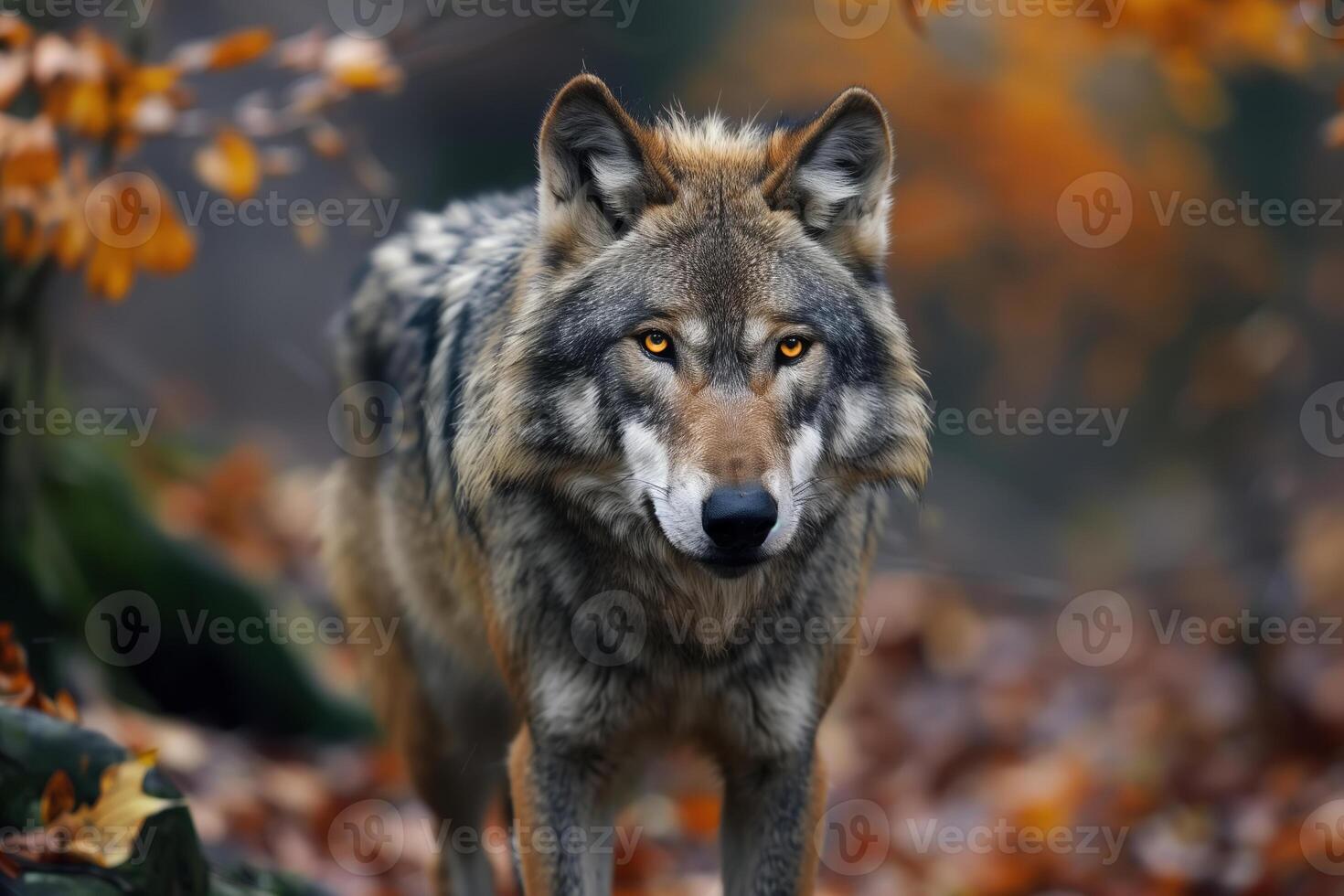 AI generated A wolf stands confidently in the midst of a dense forest, surrounded by towering trees and a carpet of fallen leaves photo