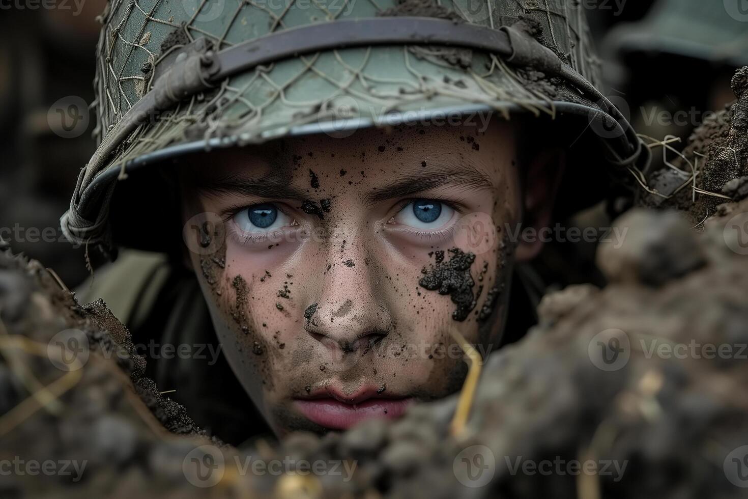 AI generated A young man in a helmet looks out from behind a pile of dirt, a soldier in a trench photo