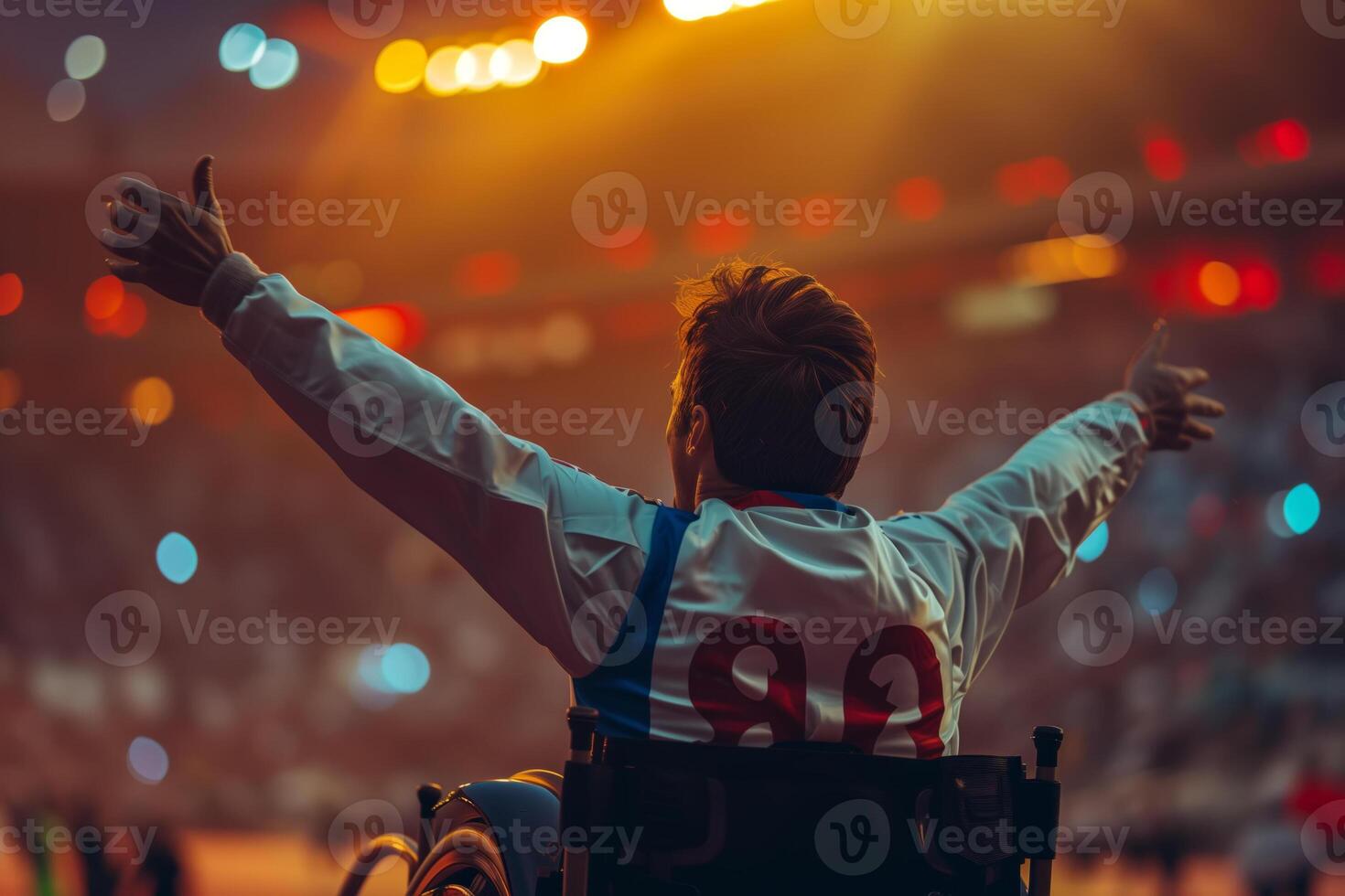 ai generado un en silla de ruedas atleta levanta su brazos en celebracion a el paralímpico juegos a el estadio foto
