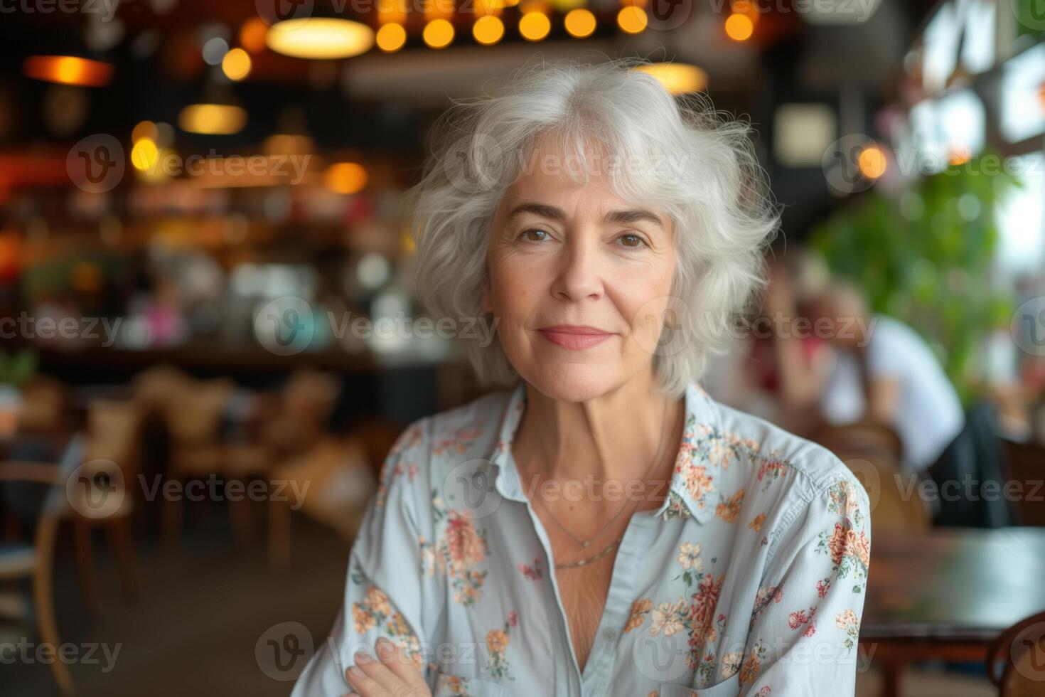 AI generated Portrait of an elderly woman sitting at a table in a restaurant, lifestyle photo