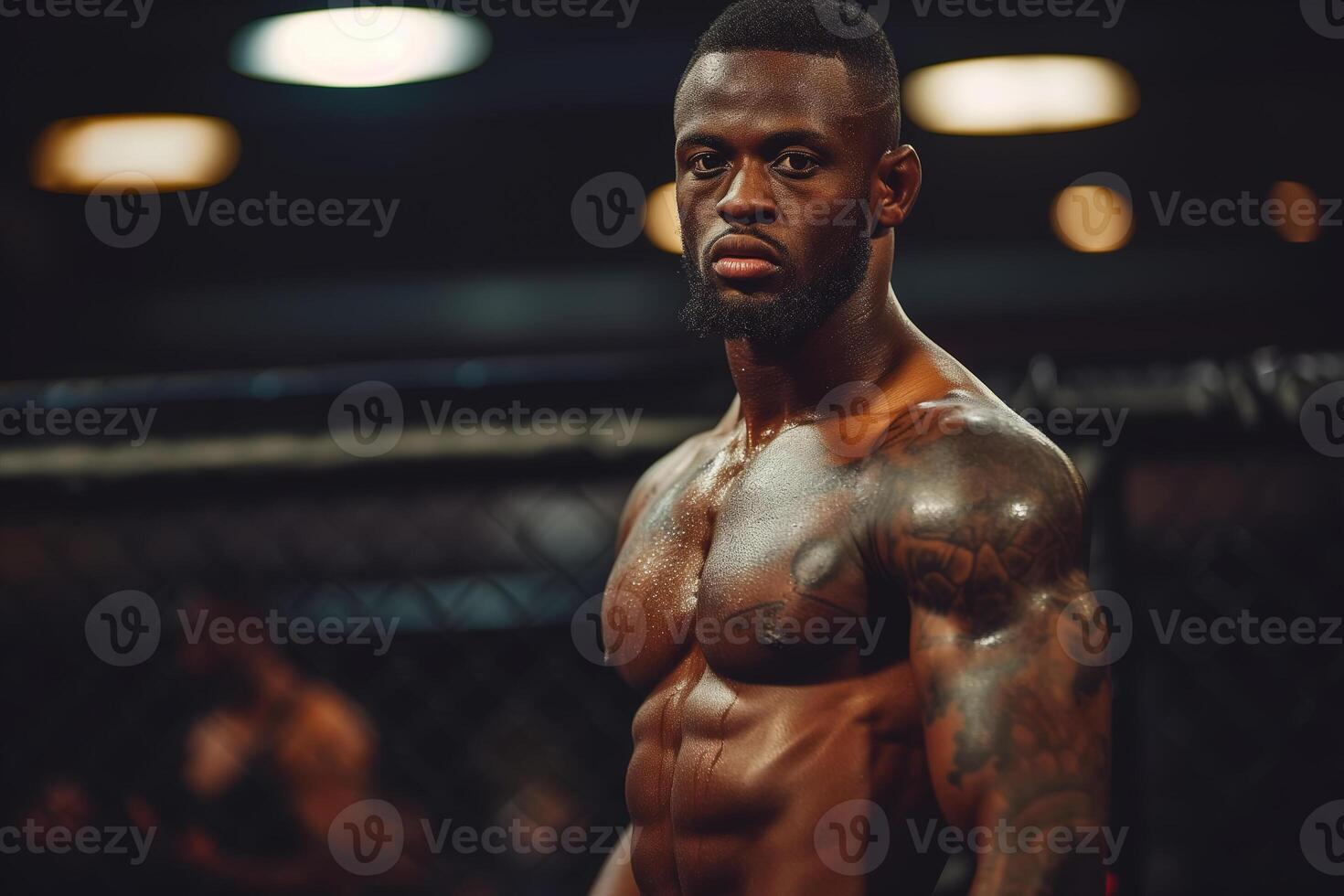 AI generated Shirtless African American Mixed Martial Arts male mma fighter stands confidently in the gym, showing off his muscular physique and training facilities photo