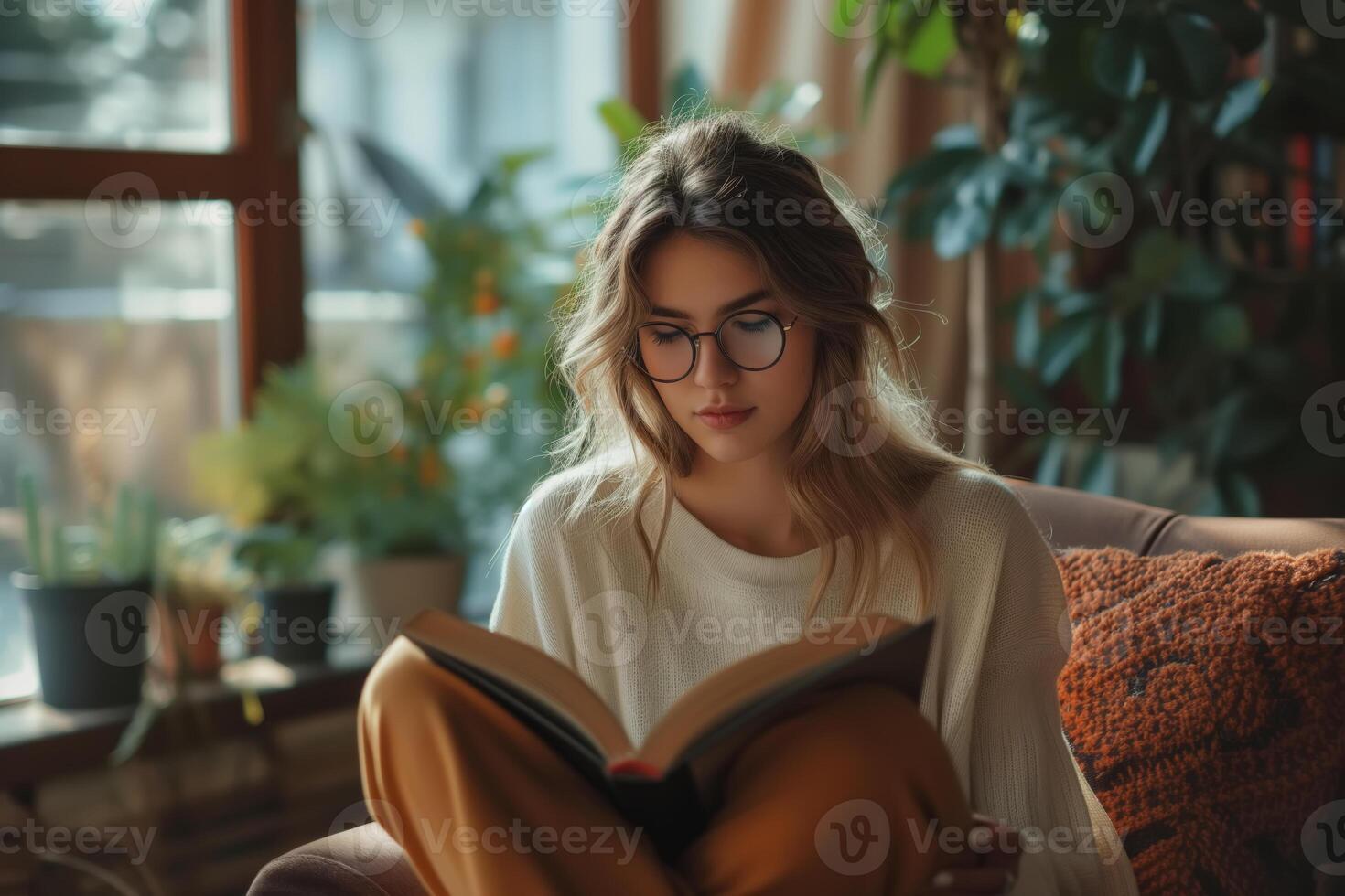 AI generated A woman with glasses sits on the sofa and is absorbed in reading a book. She appears focused and relaxed, enjoying her hobbies and benefiting from the psychological therapy photo