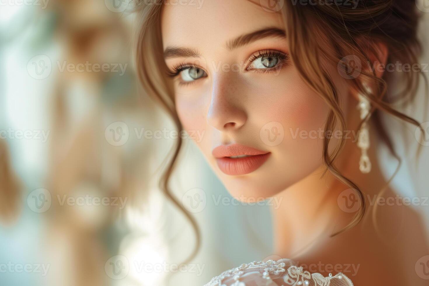 AI generated A close-up view of a Caucasian woman wearing a traditional white wedding dress. The woman appears to be preparing for a wedding ceremony photo