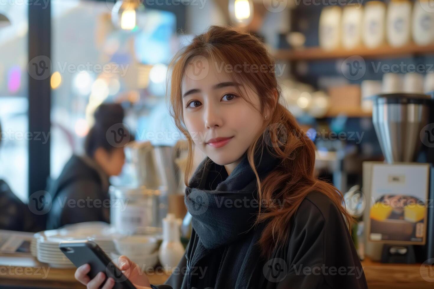 AI generated Asian woman in a cafe using a smartphone photo