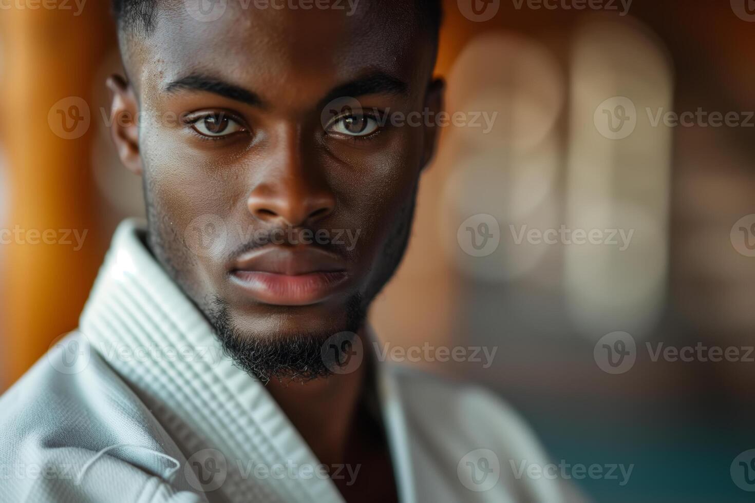 AI generated The sport of judo or karate. Portrait of an African-American male fighter in a white kimono, practicing the martial arts of taekwondo photo