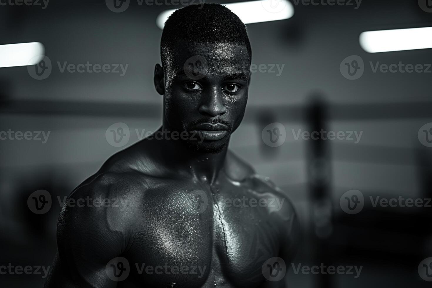 AI generated Shirtless man mixed martial arts fighter strikes a pose in the gym, after training. Monochrome portrait of an African American fighter photo