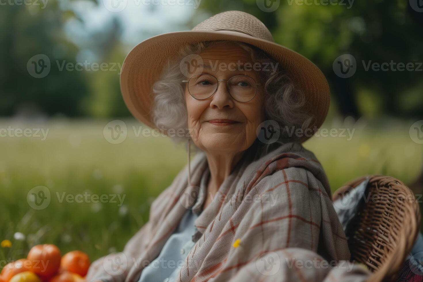 AI generated An elderly woman sits in a field wearing a hat and scarf on a picnic, she looks relaxed photo