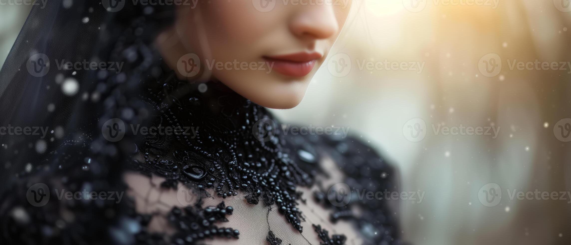 AI generated Elegant woman in black dress with veil on head photo