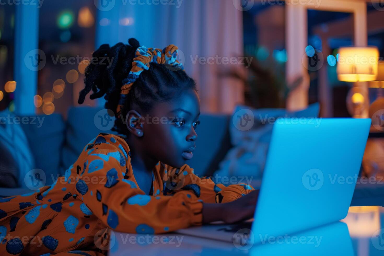 AI generated Little girl sitting on the sofa and using a laptop, African American child using a device at home at night. Children and technology photo