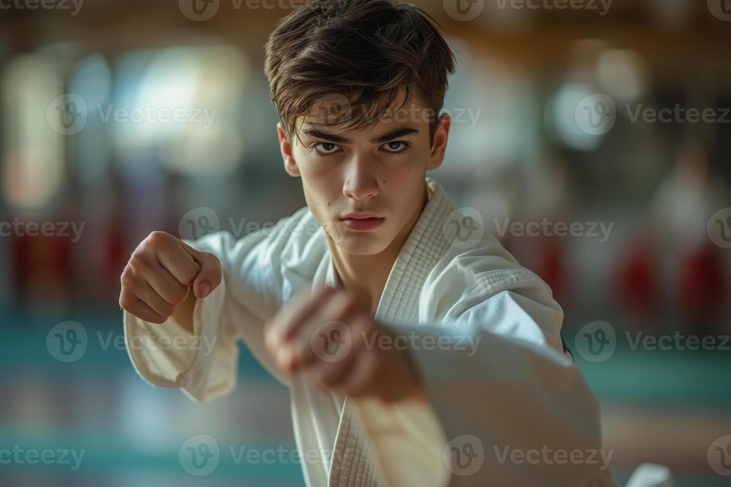 AI generated A young man in a white kimono. Karate, judo, taekwondo photo