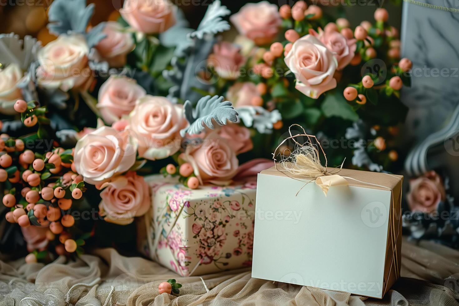AI generated Gift box with bow next to bouquet of flowers photo