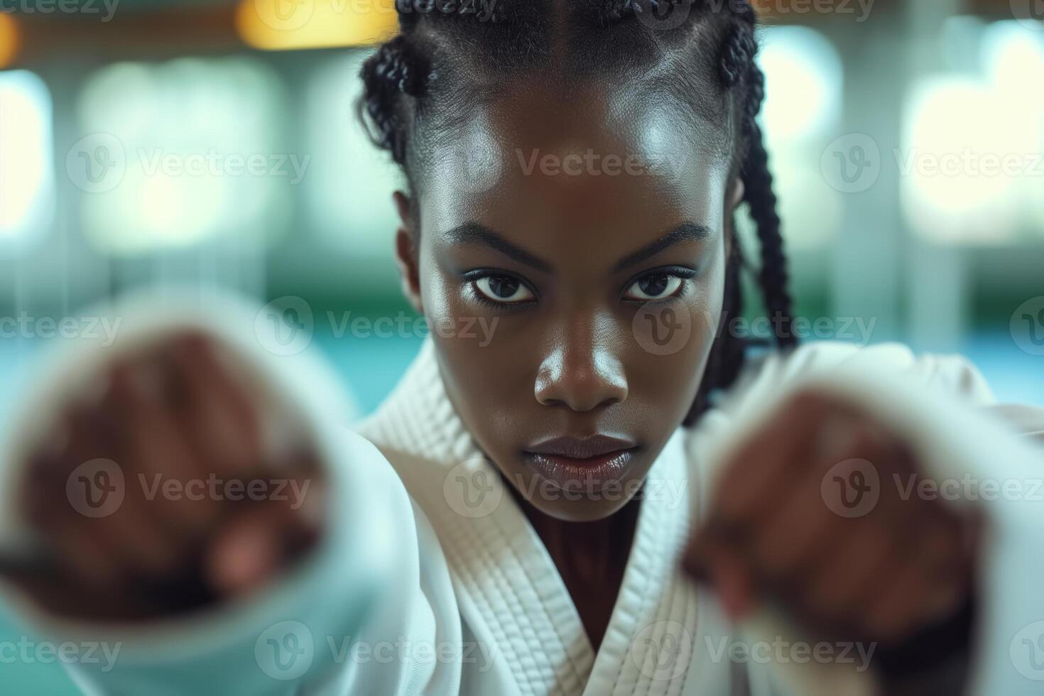 AI generated An African American female martial artist, dressed in traditional karate attire, points directly at the camera, demonstrating her focused and determined demeanor photo