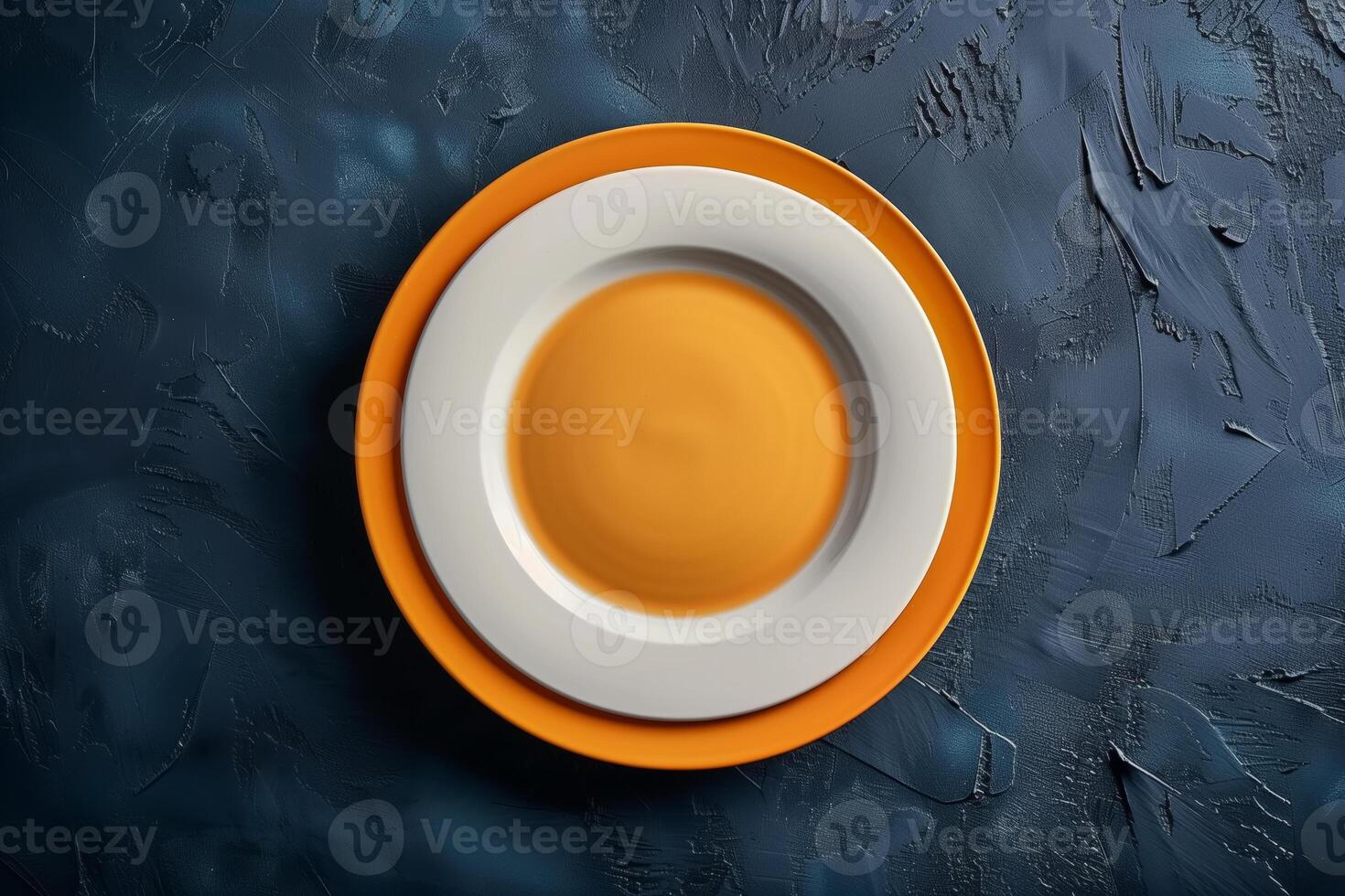 AI generated A simple orange and white plate and cup sit on a dark textured table photo