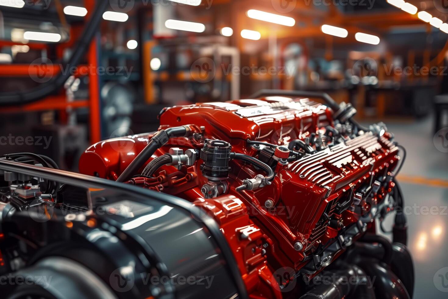 ai generado un detallado ver de un vibrante rojo motor dentro un fabricación planta, exhibiendo mecánico componentes y industrial maquinaria en el antecedentes foto