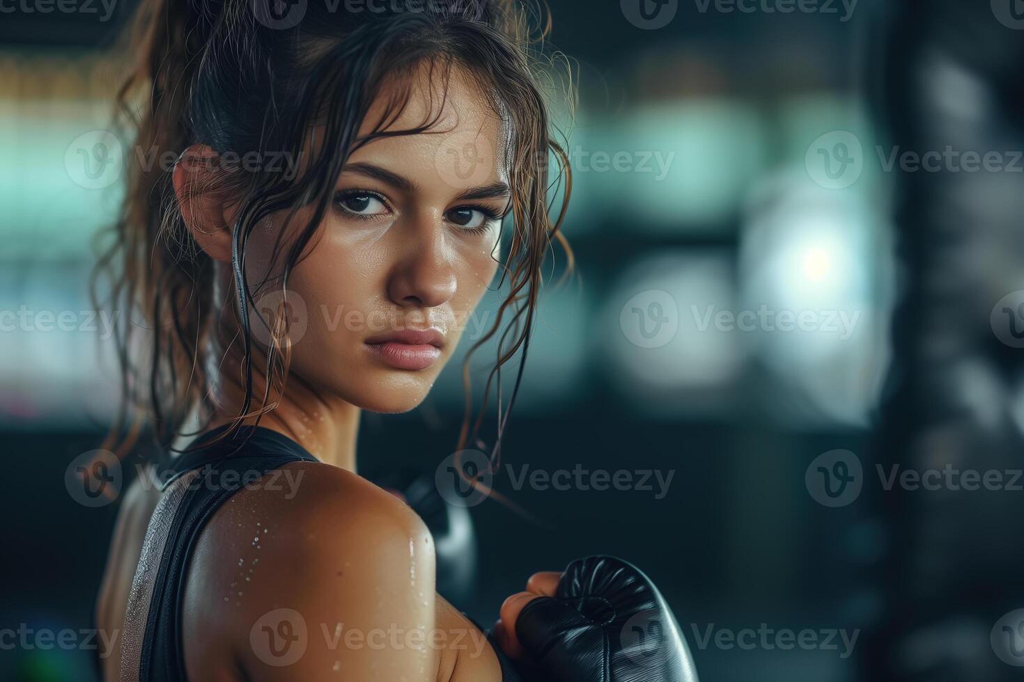 AI generated Female mixed martial arts fighter wearing black top and boxing gloves, ready to train or compete in fierce boxing match photo