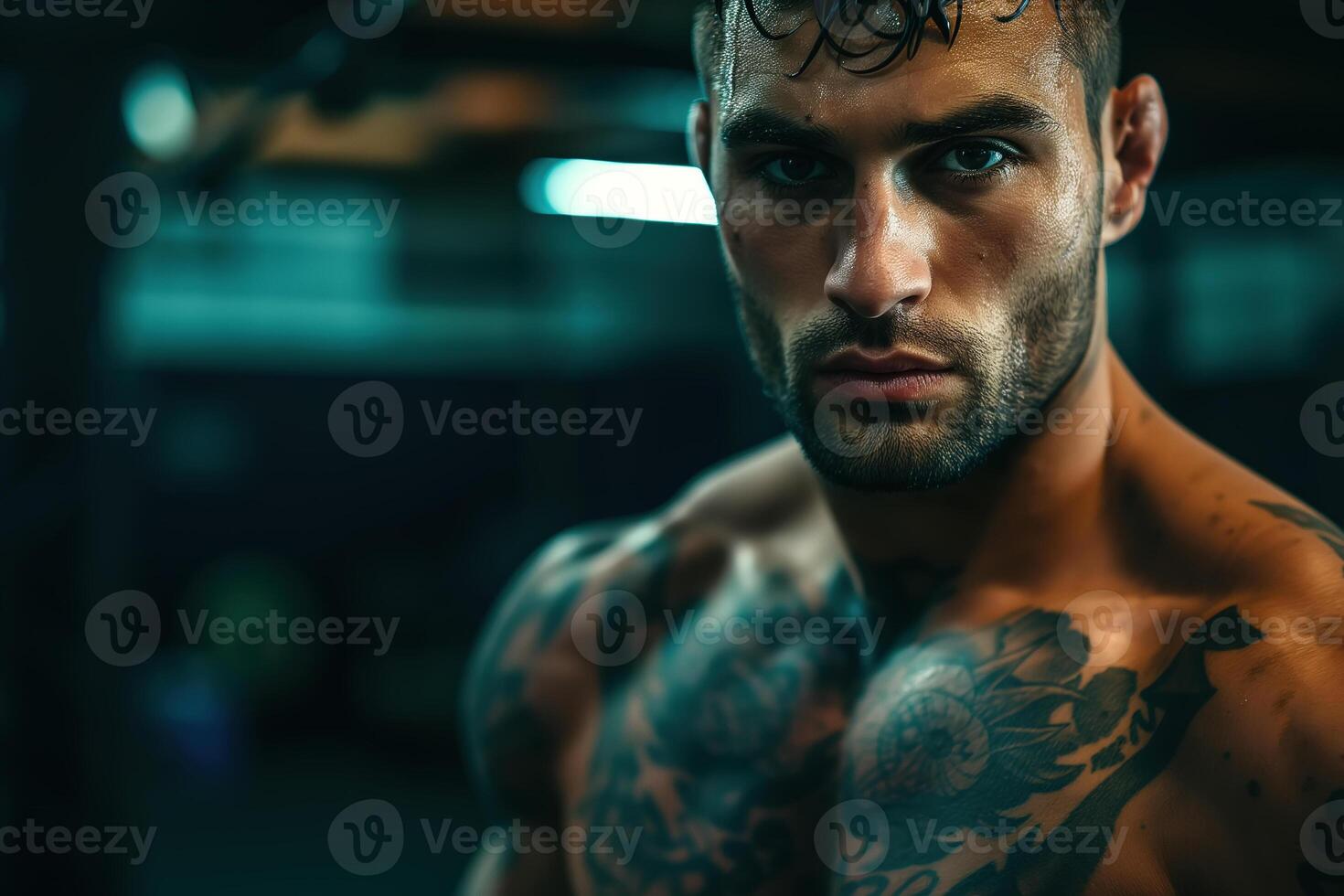 AI generated A male mma fighter with tattoos on his chest strikes a pose showing off his muscular physique at the gym photo