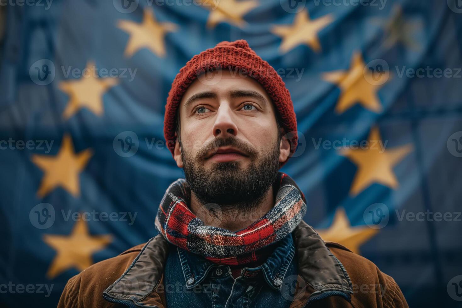 ai generado un europeo Unión patriota, vistiendo un rojo sombrero y bufanda, soportes con orgullo con el bandera en el antecedentes foto