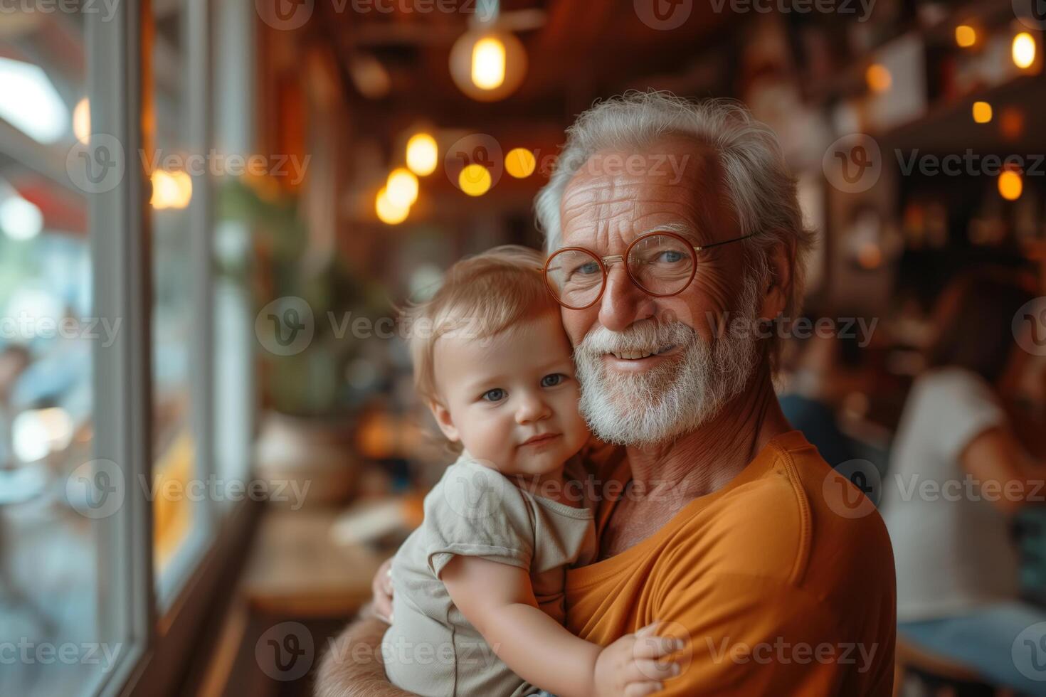 AI generated Elderly man grandfather gently holds a small child grandson in arms while sitting in cafe. The man's facial expression conveys love and protection towards child, who content photo