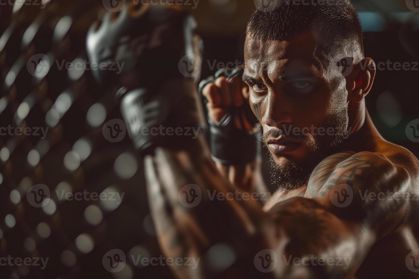 AI generated Male fighter with a pair of boxing gloves, ready to fight. He stands in a powerful pose, concentrating on his next mixed martial arts fight photo