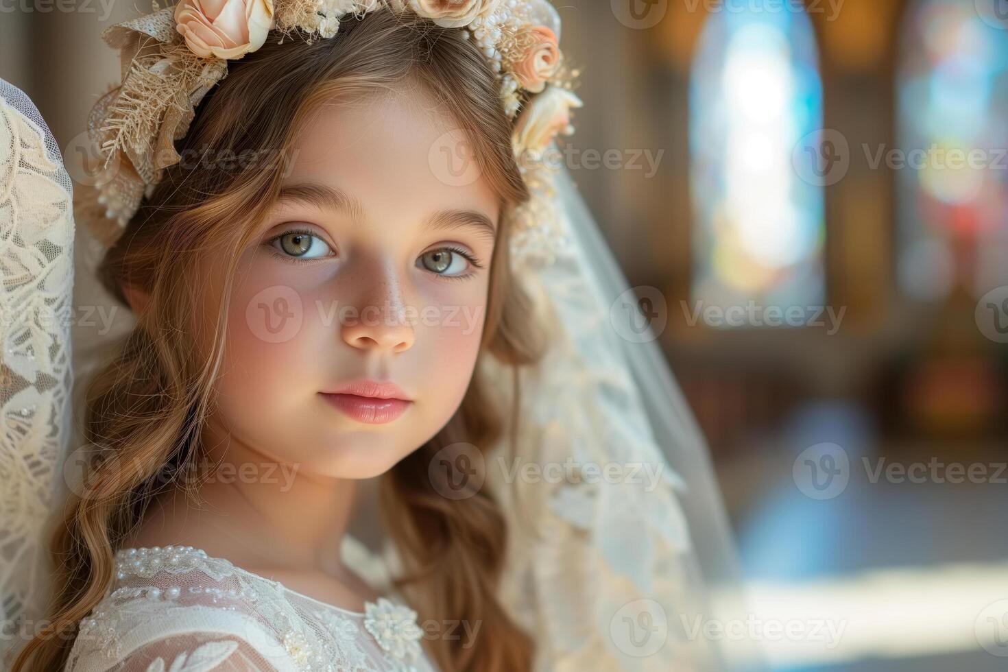 AI generated Girl dressed in white wedding gown and veil, standing in church or wedding ceremony venue. She appears to be part of wedding party, symbolizing innocence and purity in context of marriage photo