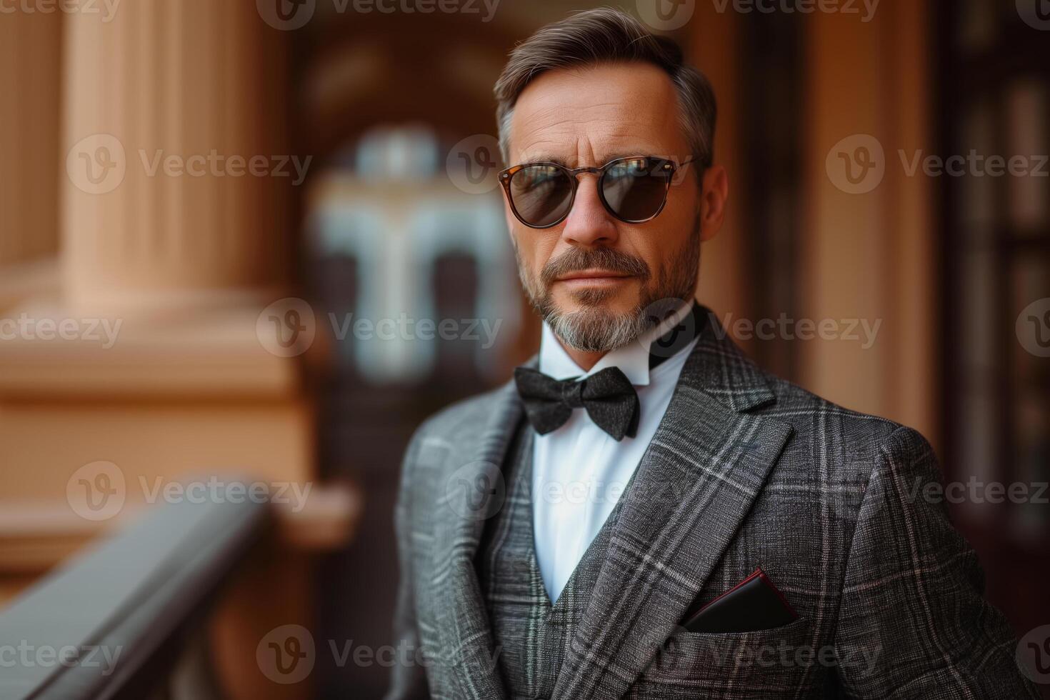 AI generated A stylish middle-aged man dressed in a suit and bow tie shows off a classic and elegant outfit photo