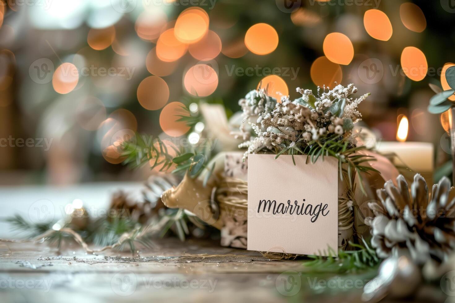 AI generated Marriage greeting card and flowers on a wooden table with copy space photo