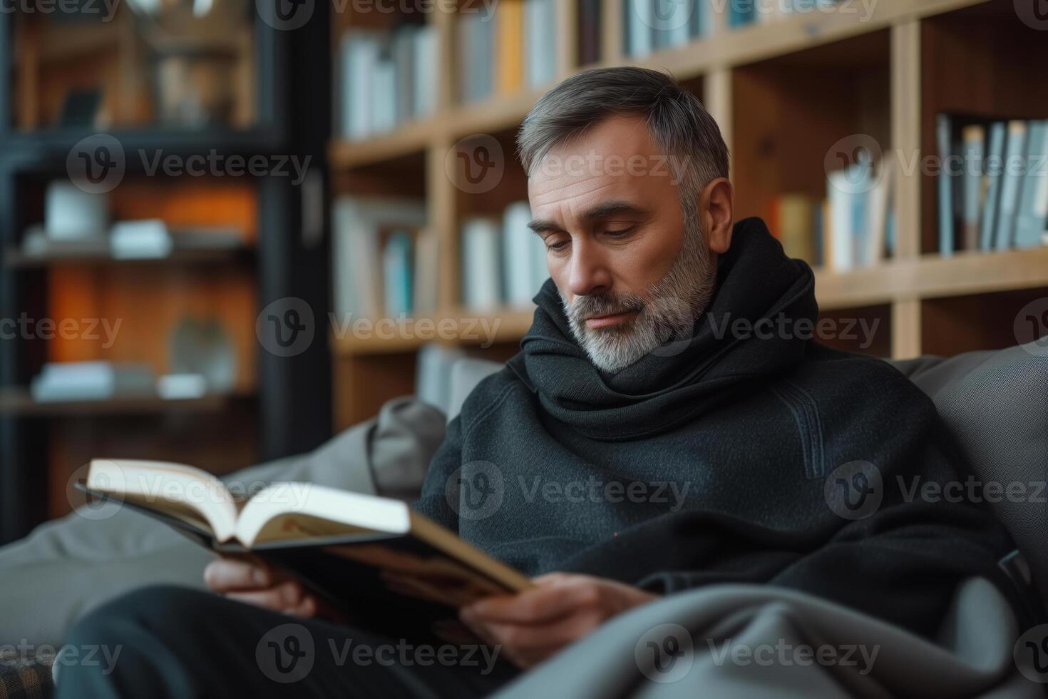 AI generated Literary hobby, adult man reading a book on the sofa in the living room photo