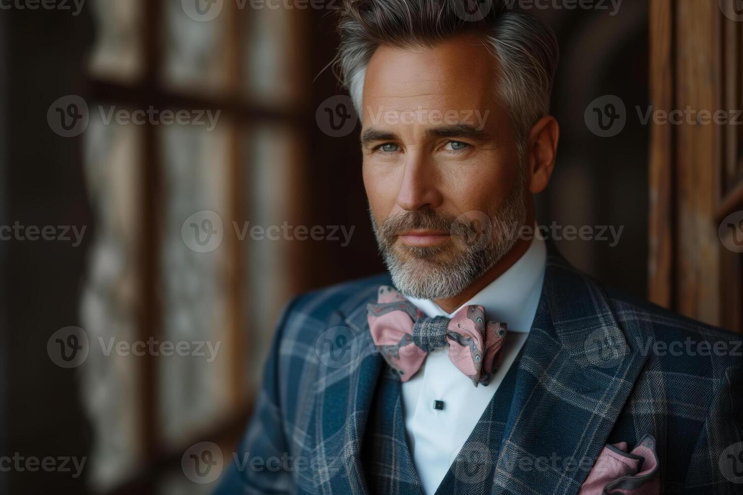 AI generated Handsome groom wearing a suit and bow tie photo
