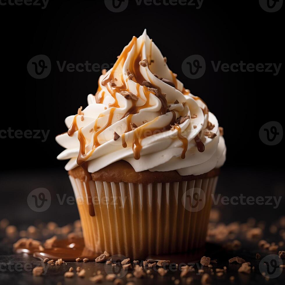 AI generated Cupcake dessert restaurant food, black background, realistic photo