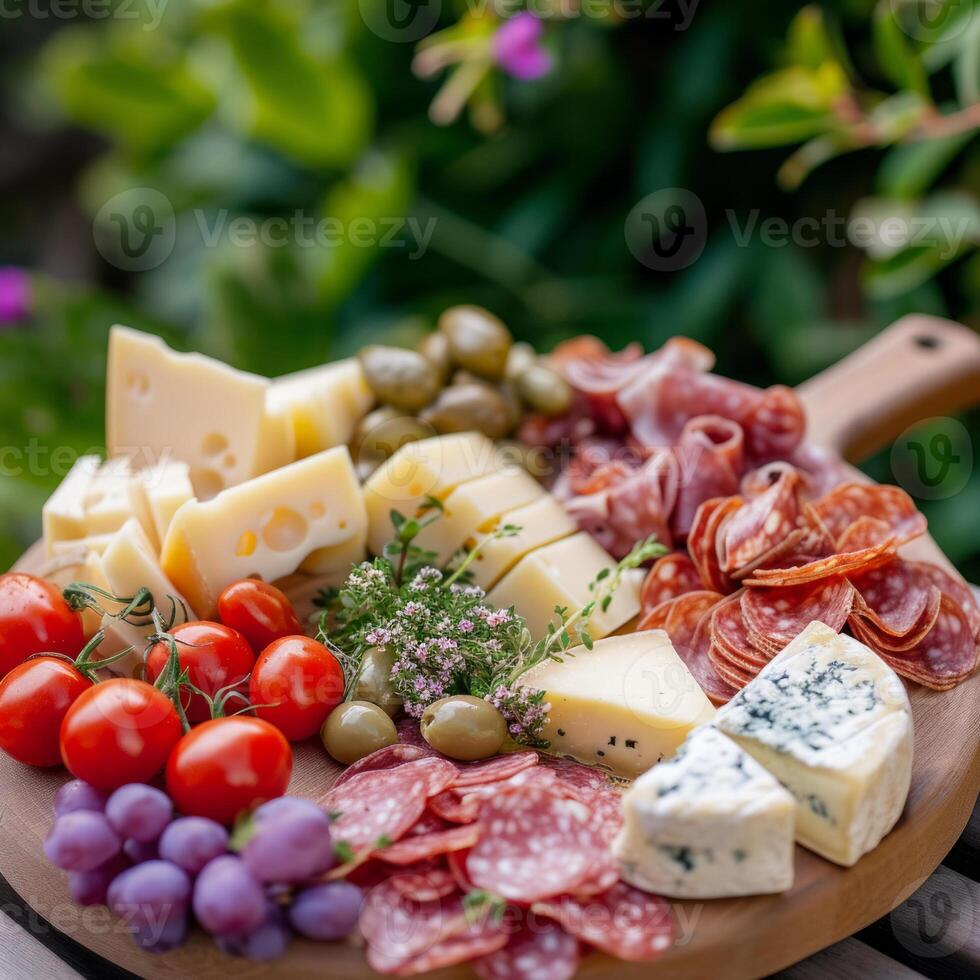 ai generado un de madera plato con salchichas y quesos foto