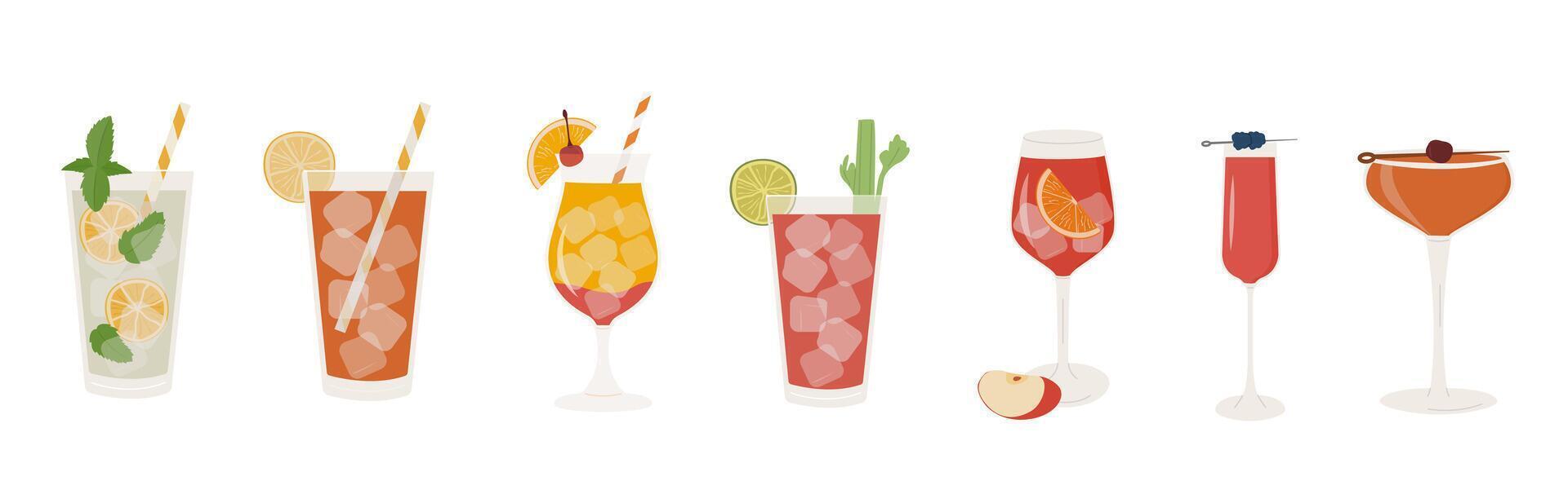 Set of popular classic cocktails. Different alcoholic drinks in various glasses. Summer aperitif garnished with lime twist, orange slice and cherry. Vector illustration of soft and alcohol beverages.