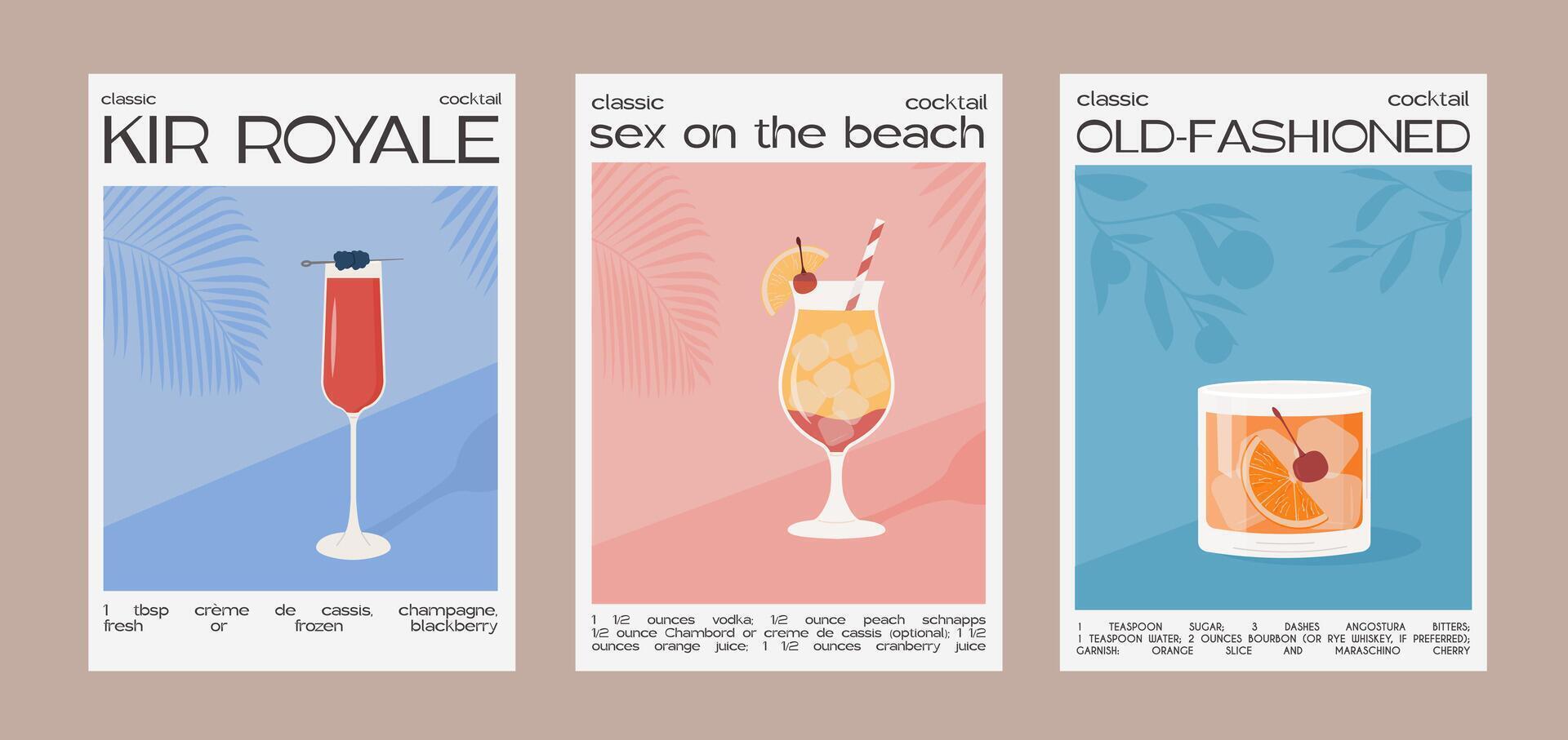 Kir Royale, Sex on the beach and Old fashioned Classic Cocktail recipe with ingredients. Summer aperitif wall art. Garnished alcoholic beverage graphic print. Minimalist poster. Vector illustration.