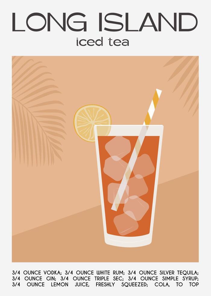 Long Island Iced Tea Cocktail with lime slices. Classic alcoholic beverage recipe. Summer aperitif poster. Minimalist trendy print with alcoholic drink. Vector flat illustration.