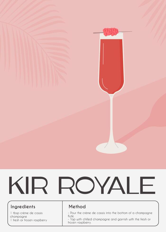 Kir Royale Cocktail garnished with raspberry. Classic alcoholic beverage recipe modern wallart print. Summer french aperitif alcoholic drink. Minimalist trendy contemporary poster. Vector illustration