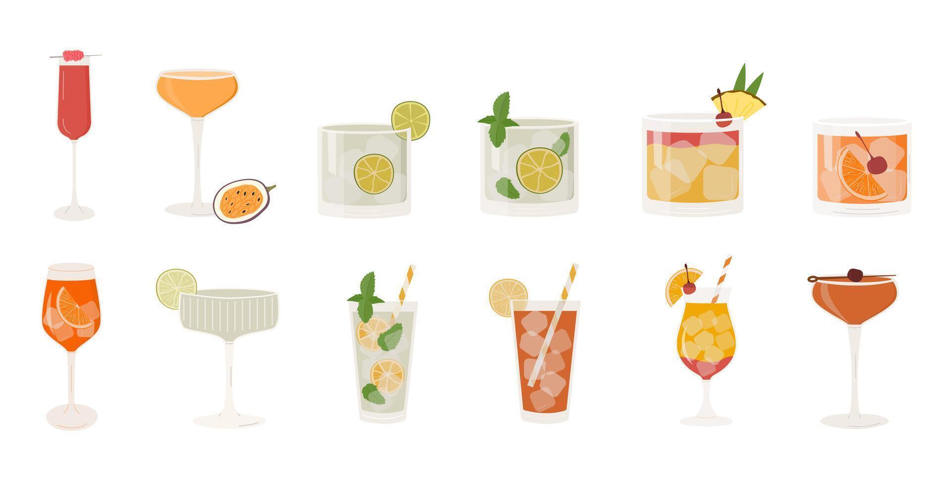 conjunto de popular clásico cocteles diferente alcohólico bebidas en varios lentes. verano aperitivo adornado con Lima girar, naranja rebanada y cereza. vector ilustración de suave y alcohol bebidas