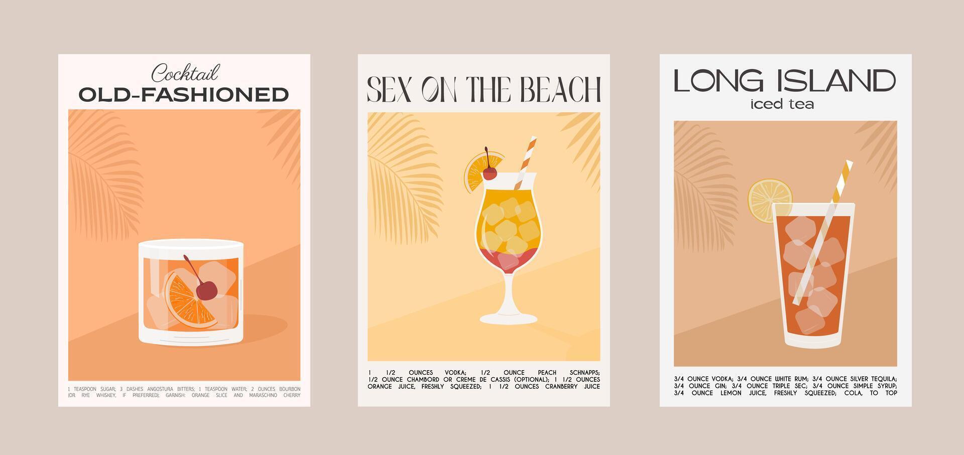 antiguo formado, sexo en el playa y largo isla con hielo té cóctel. clásico alcohol bebida receta. moderno de moda gráfico impresión. verano aperitivo pared Arte. minimalista póster con adornar beber. vector. vector