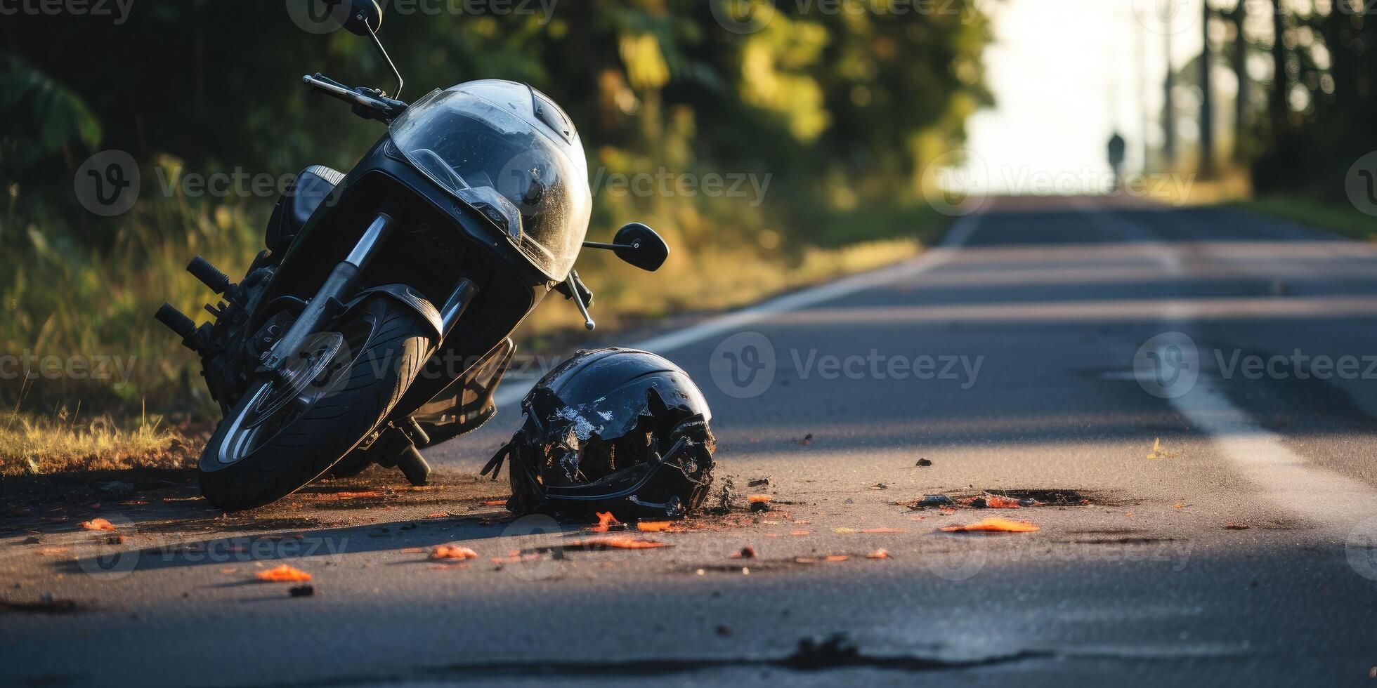 AI generated Photo of helmet and motorcycle on road, concept of road accidents. Generative AI