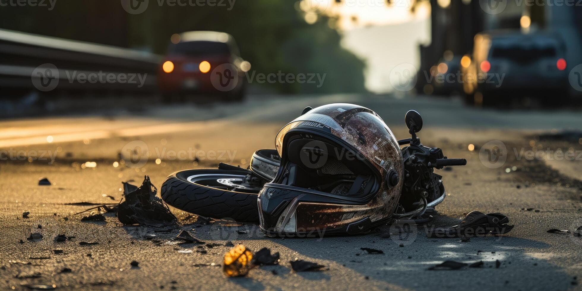 AI generated motorcycle helmet on the road, road accident concept. Generative AI photo