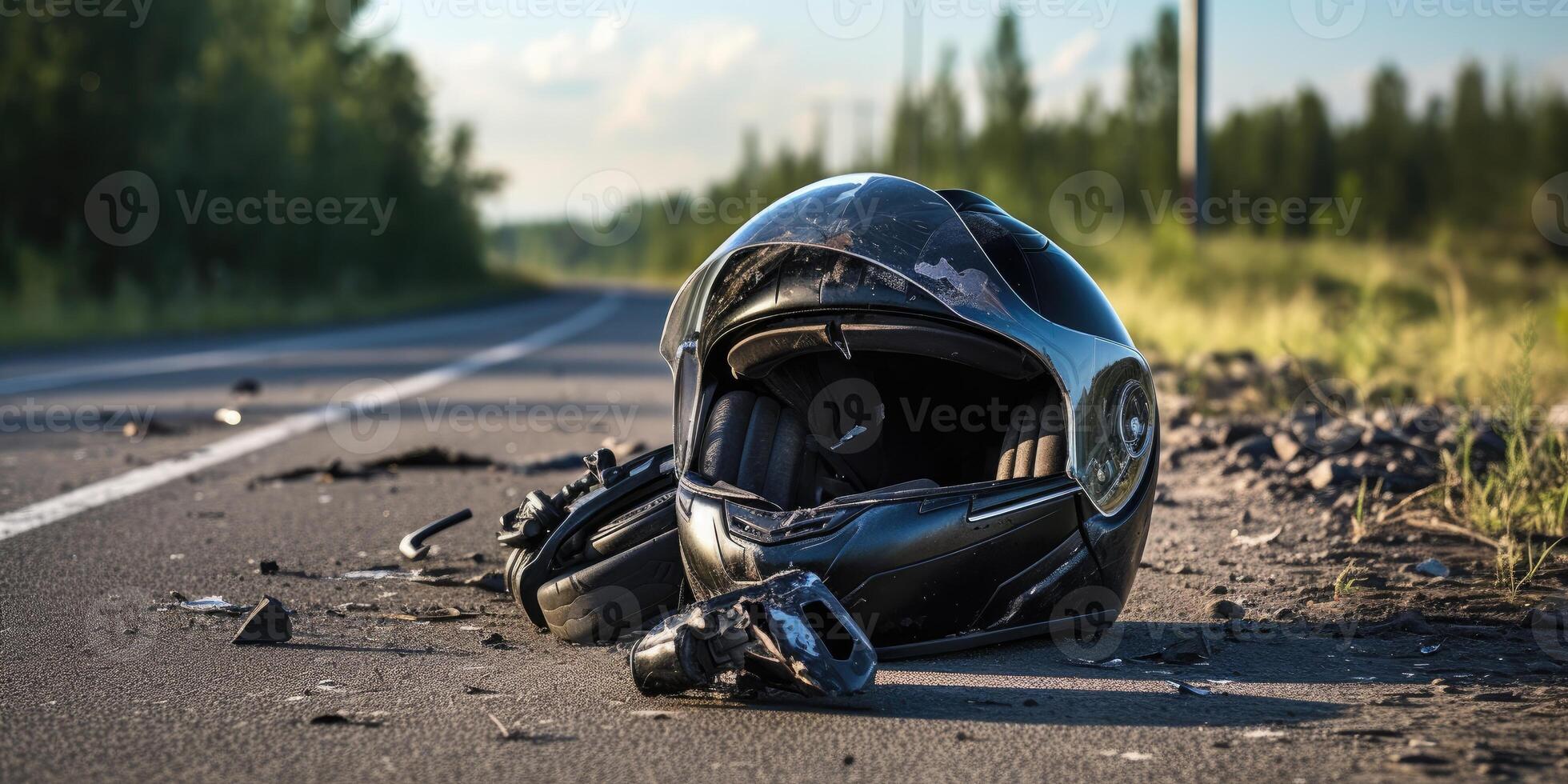 AI generated motorcycle helmet on the road, road accident concept. Generative AI photo