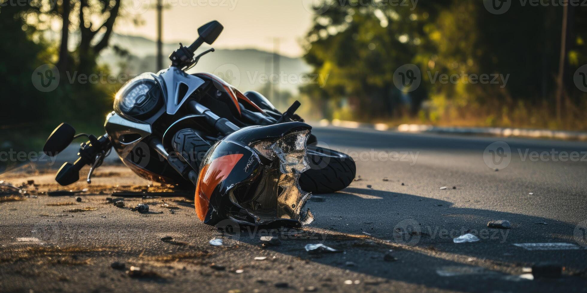 AI generated Photo of helmet and motorcycle on road, concept of road accidents. Generative AI