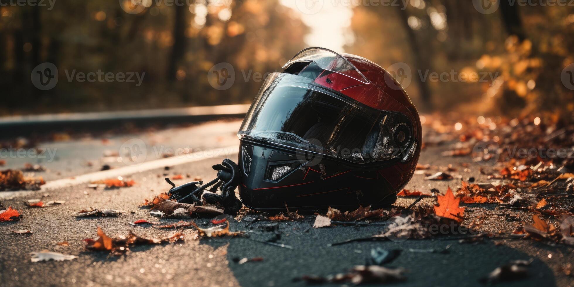 AI generated Photo of helmet and motorcycle on road, concept of road accidents. Generative AI