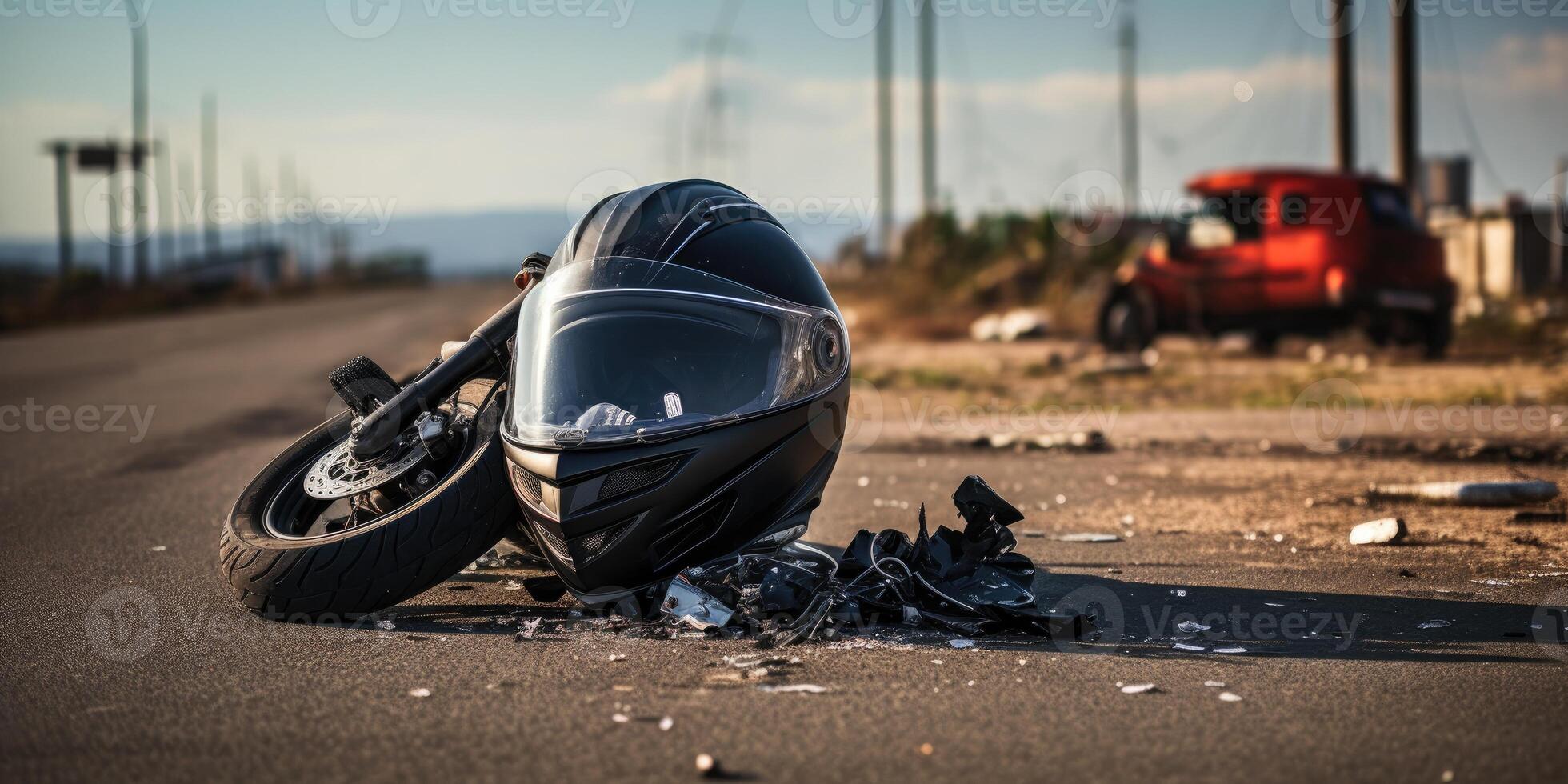 AI generated Photo of helmet and motorcycle on road, concept of road accidents. Generative AI