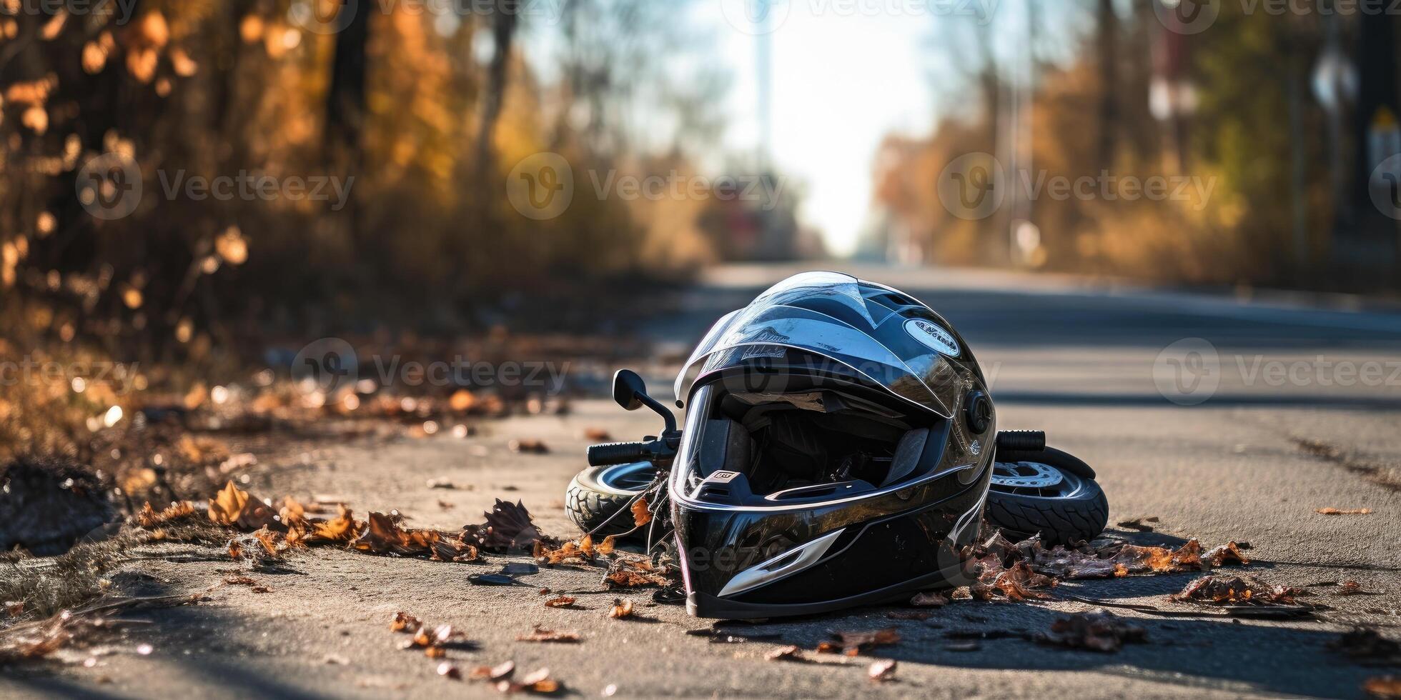 AI generated motorcycle helmet on the road, road accident concept. Generative AI photo