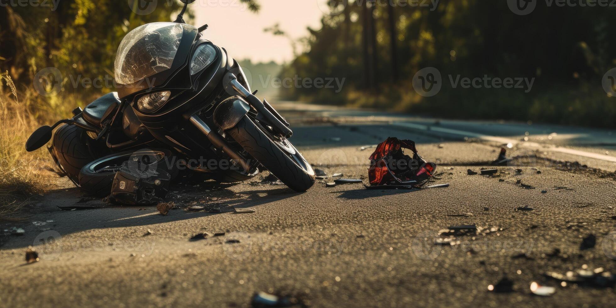 AI generated Photo of helmet and motorcycle on road, concept of road accidents. Generative AI