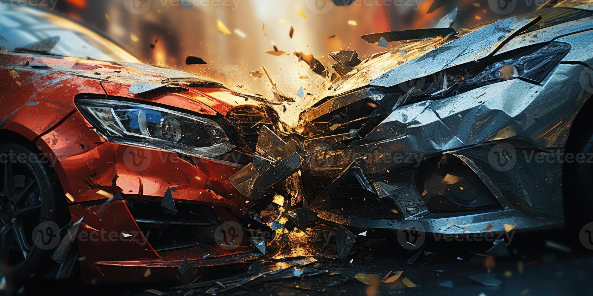AI generated crash of two cars close-up, road accident concept. Generative AI photo