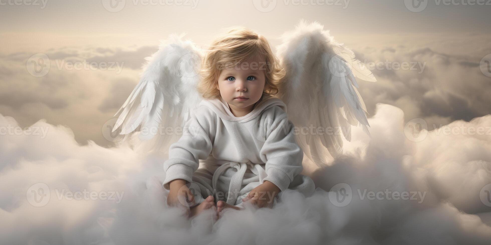 ai generado un pequeño triste niño ángel se sienta en un nube. generativo ai foto