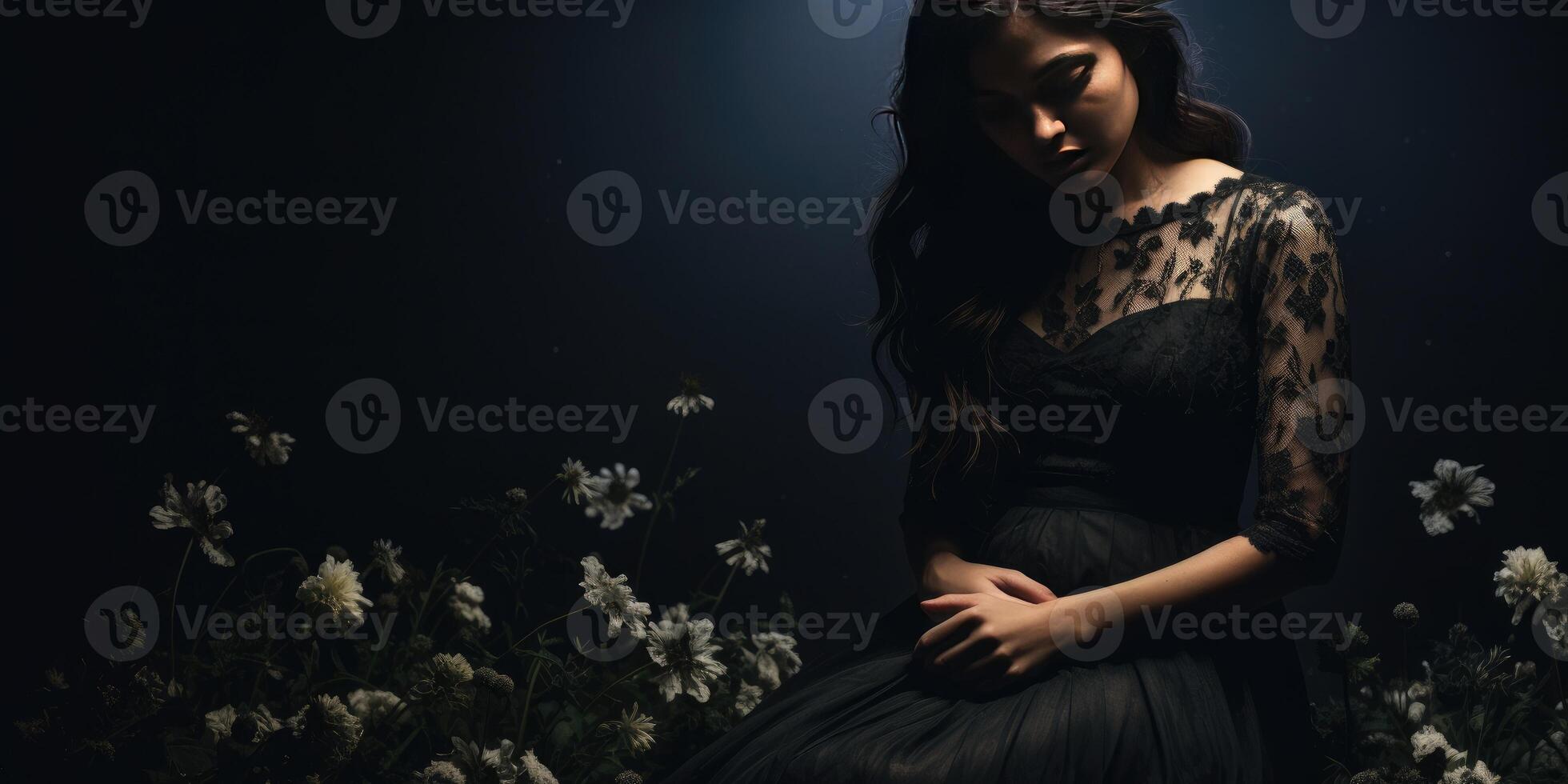 ai generado triste embarazada mujer en un negro antecedentes. negro flores generativo ai foto