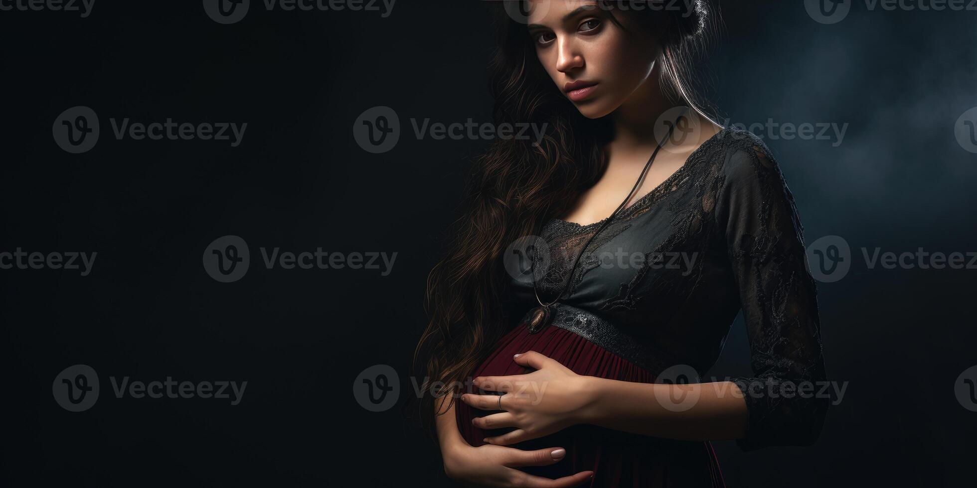 AI generated Pregnant woman on black background. Theme of loss of a child. Place for text. Generative AI photo