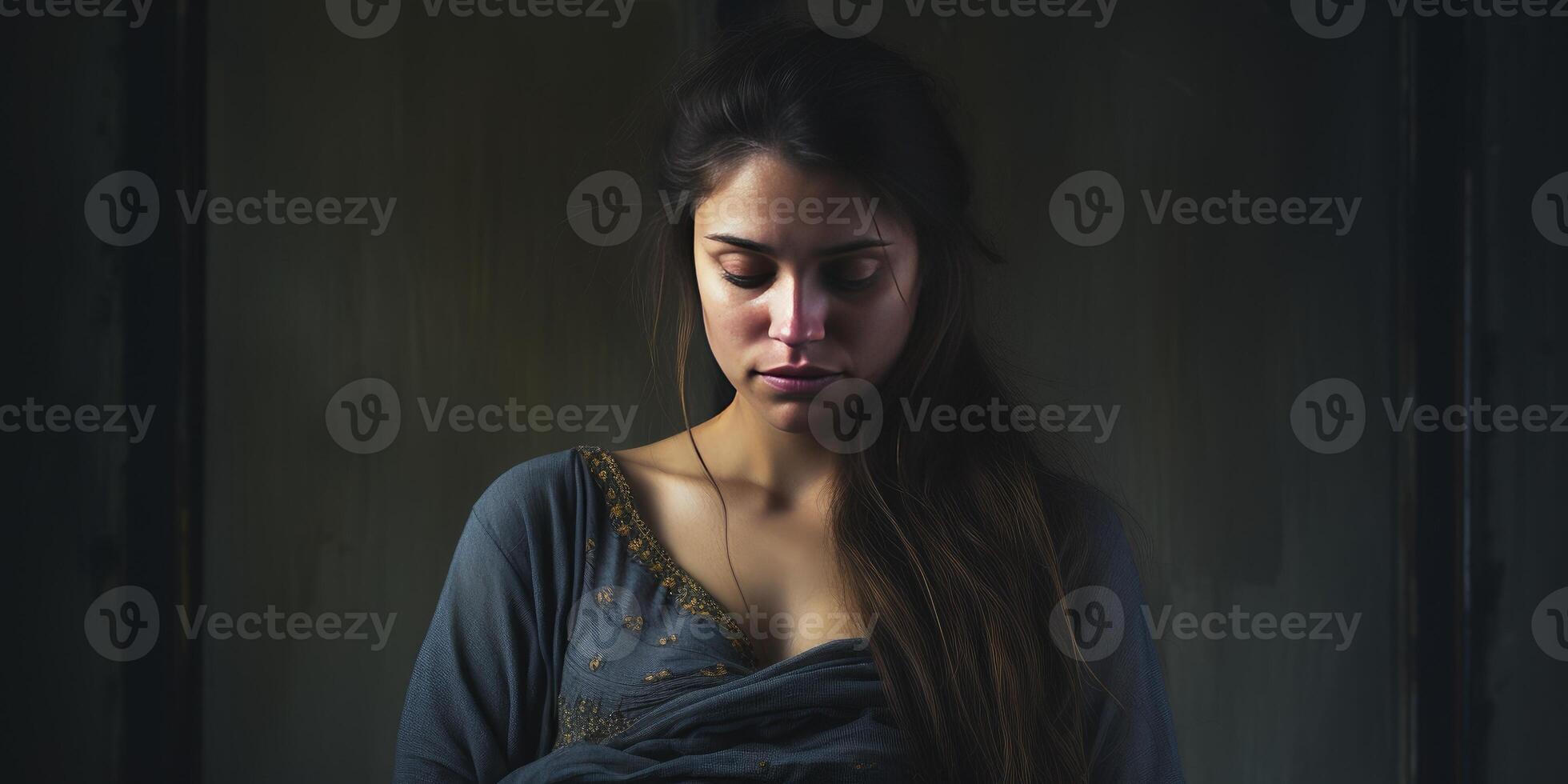 AI generated Pregnant woman on black background. Theme of loss of a child. Place for text. Generative AI photo