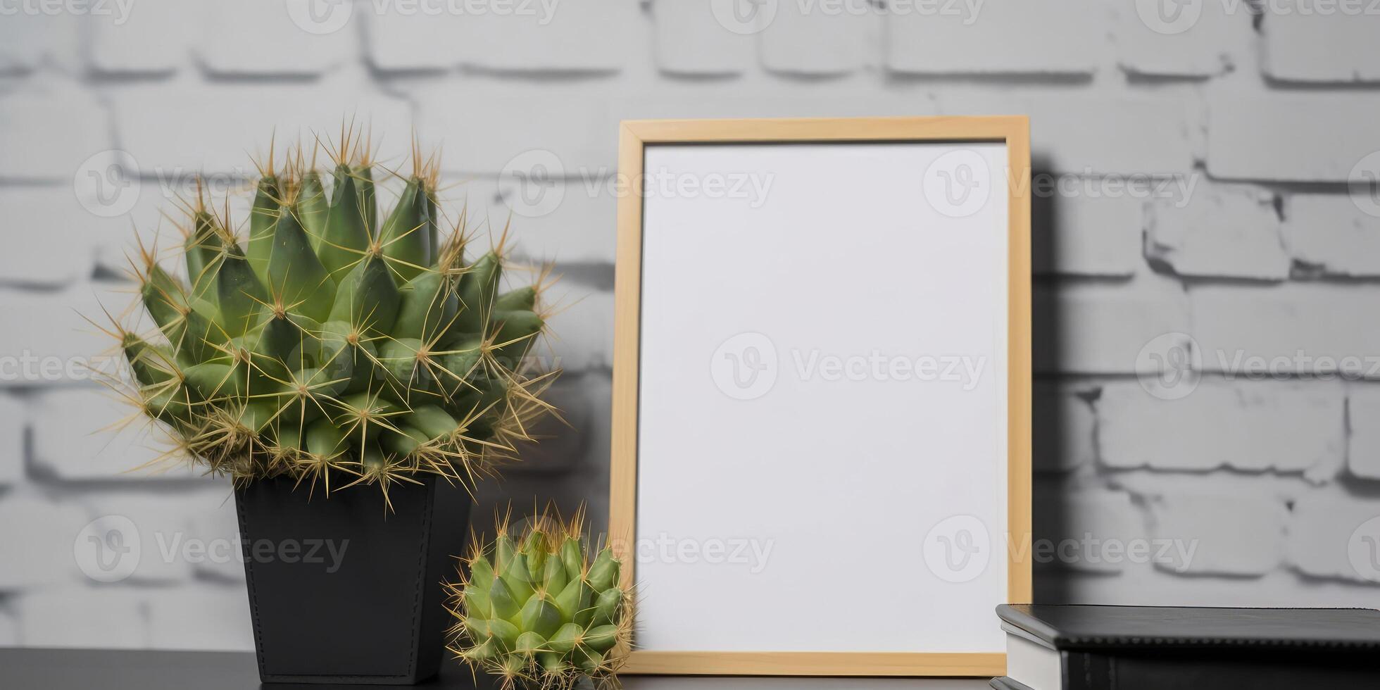 AI generated cacti near a poster in frame on a wooden table, Place for your text. Generative AI photo